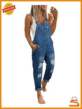 Women's Denim Bib Overalls Adjustable Straps Ripped Distressed